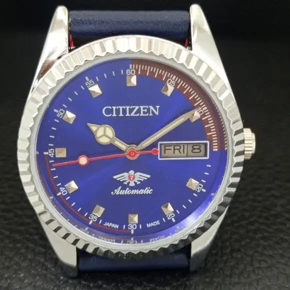 Vintage 1986 Citizen Automatic Mens Silver Watch W/daydate & Blue accents